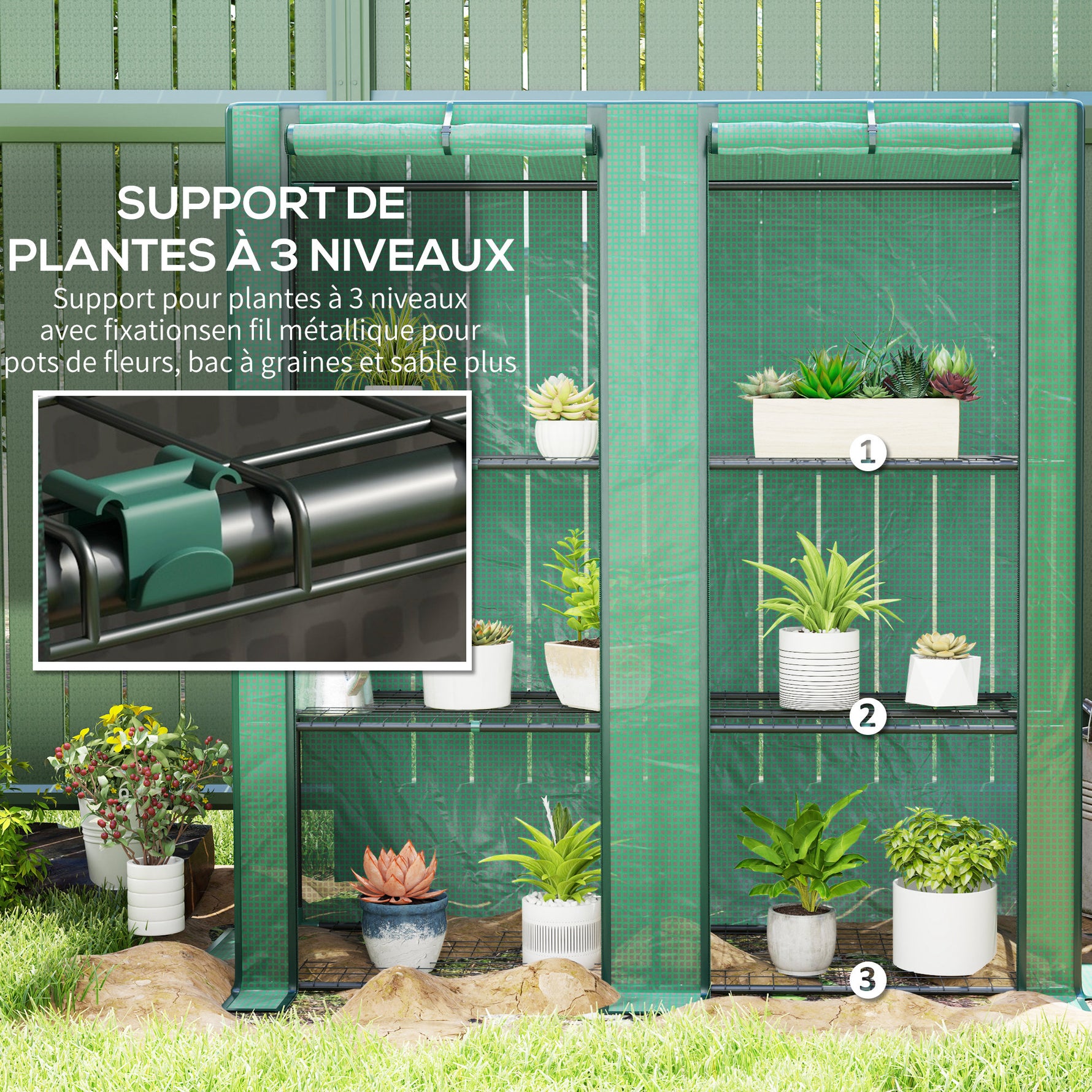 Serre de jardin avec étagères métalliques à 3 niveaux serre de balcon couverture PE toit incliné 144 x 48 x 152 cm vert