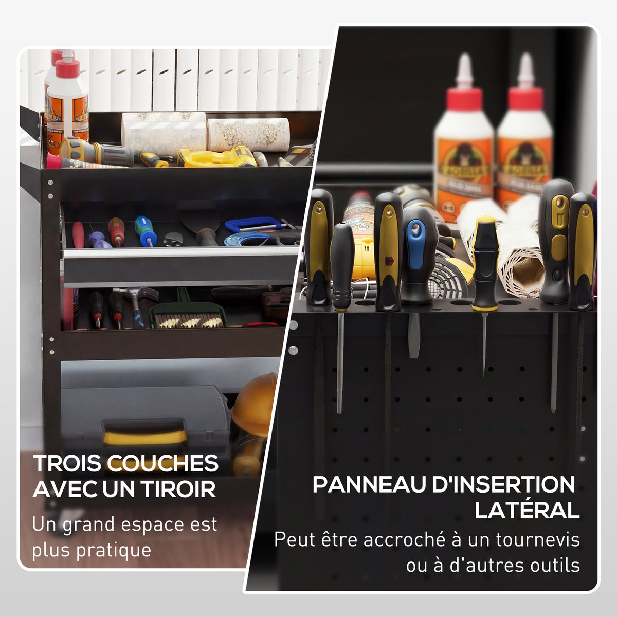 Chariot d'atelier servante atelier à 3 niveaux avec tiroir, porte-outils latéral et poignée, 82x35x76 cm, noir