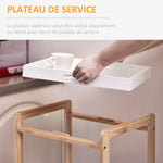 Chariot de service desserte de cuisine à roulettes 2 étagères + plateau amovible bois de pin MDF blanc