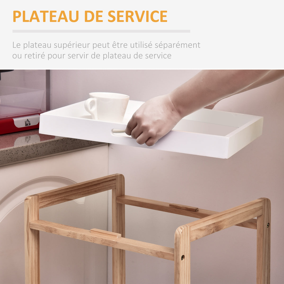 Chariot de service desserte de cuisine à roulettes 2 étagères + plateau amovible bois de pin MDF blanc