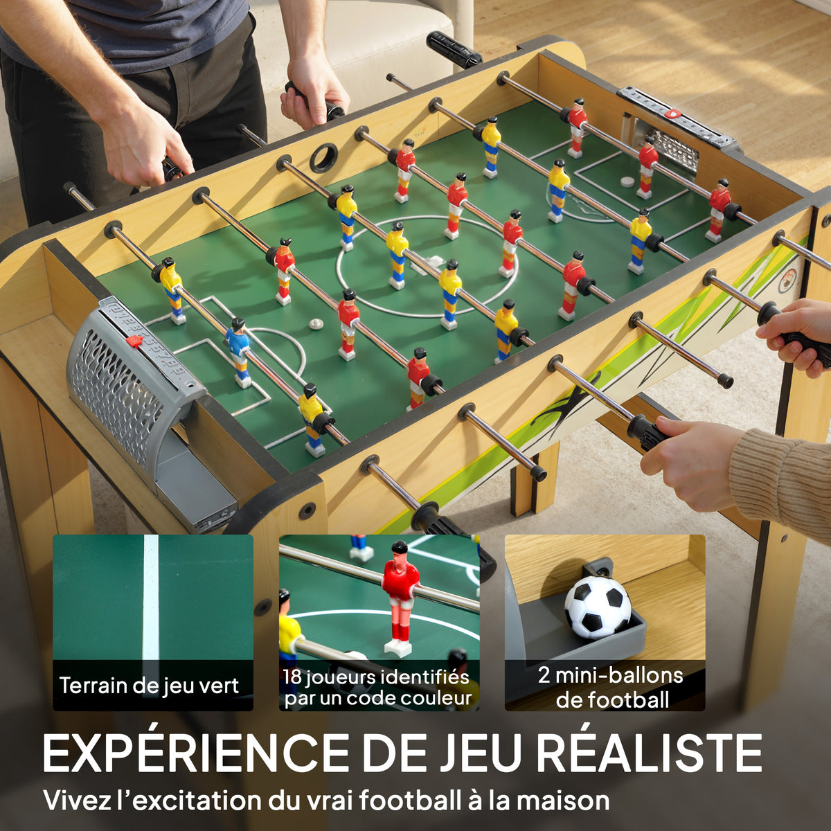Haurrentzako Futbolin 18 Jokalari 2 Pilota, 360°-ko Barrak, Helduleku Irristagaitzak, Markagailuak, 75x66x75cm, Egur Naturala