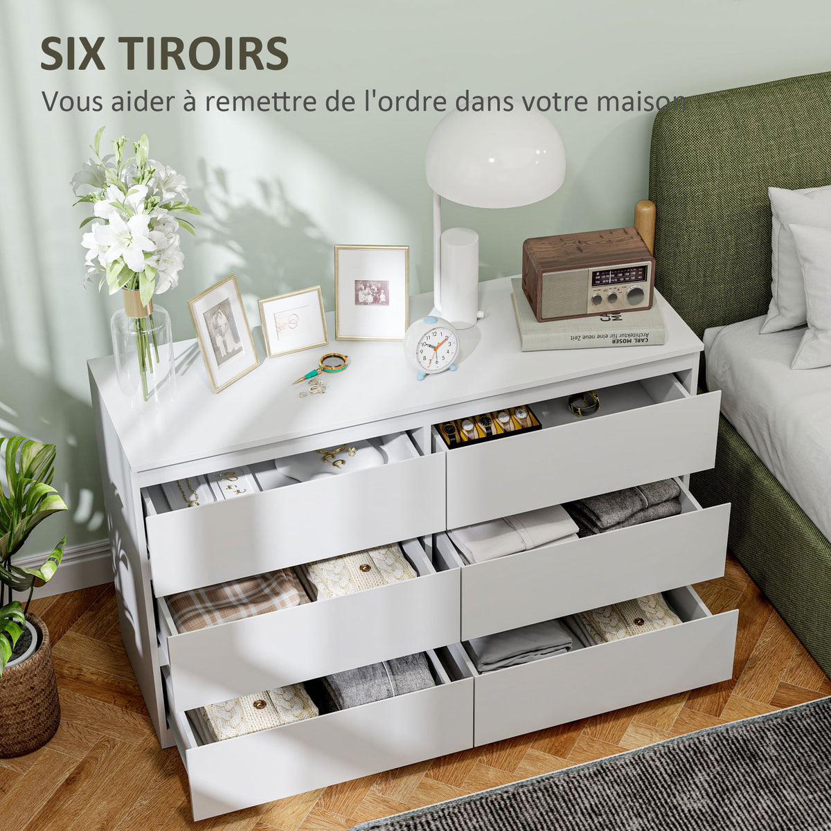 Commode 6 tiroirs meuble de rangement sans poignées design minimaliste 120 x 39 x 75 cm blanc