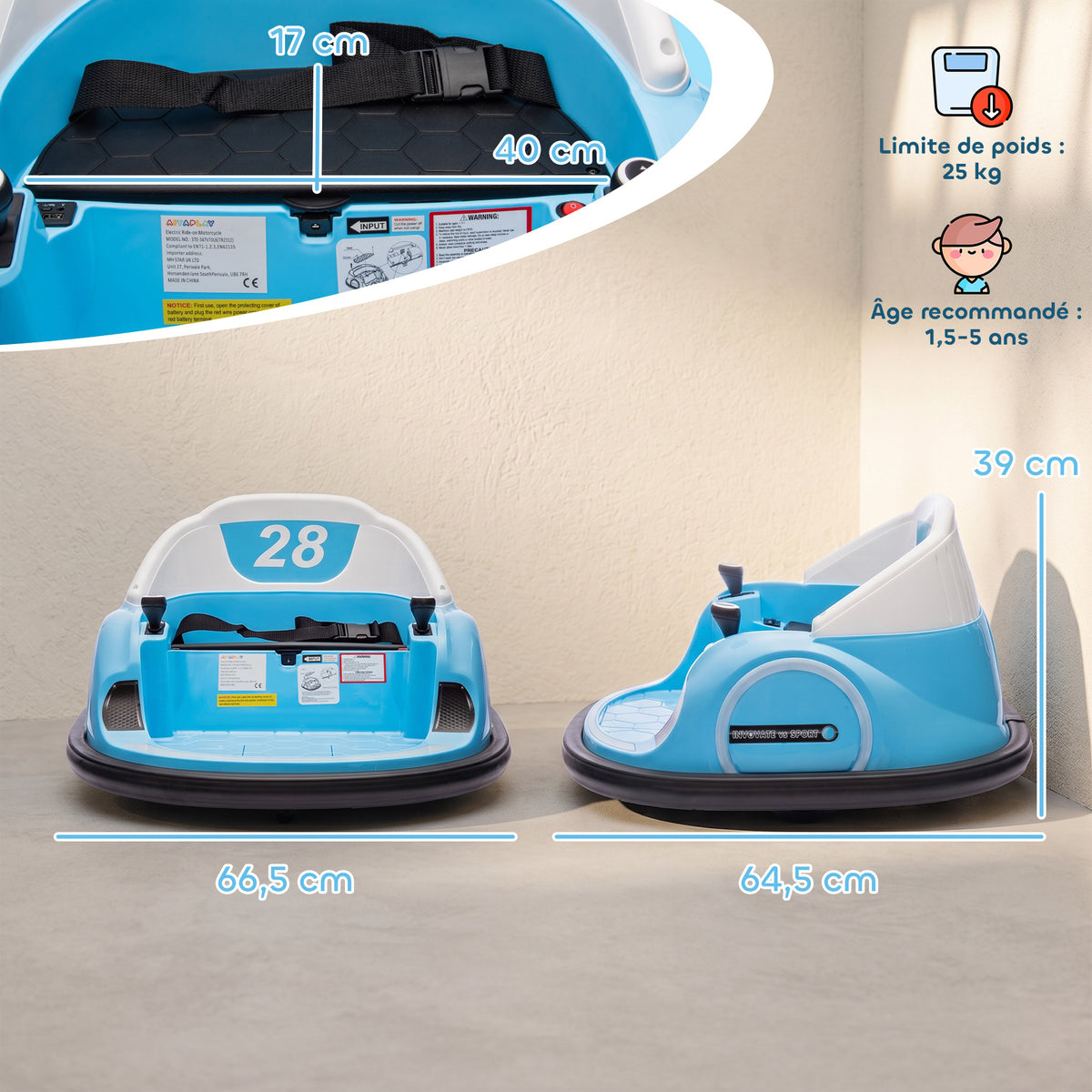 Voiture Tamponneuse Électrique Enfant 12V, Rotation à 360°, Auto-Tamponneuse Enfant avec Télécommande, Bleu