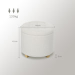 Pouf coffre rangement, tabouret rond, pouf repose-pieds en tissu bouclette, charge 120 Kg, Ø 45 x 41 cm, blanc
