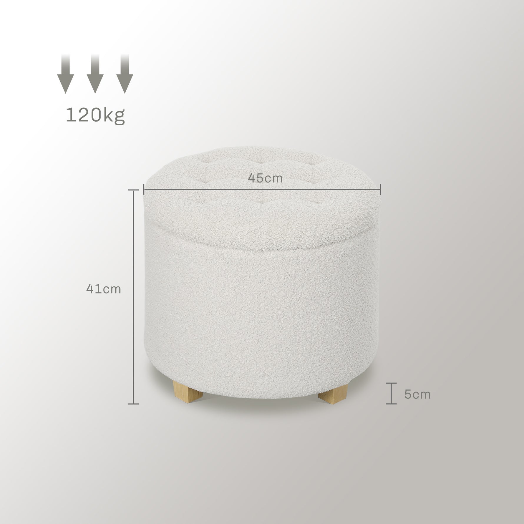 Pouf coffre rangement, tabouret rond, pouf repose-pieds en tissu bouclette, charge 120 Kg, Ø 45 x 41 cm, blanc