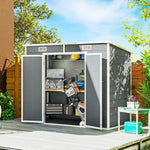Tuinhuisje voor buiten 2,4 x 1,3 m, van kunststof met vloer, raam, afsluitbare deuren en ventilatie, grijs