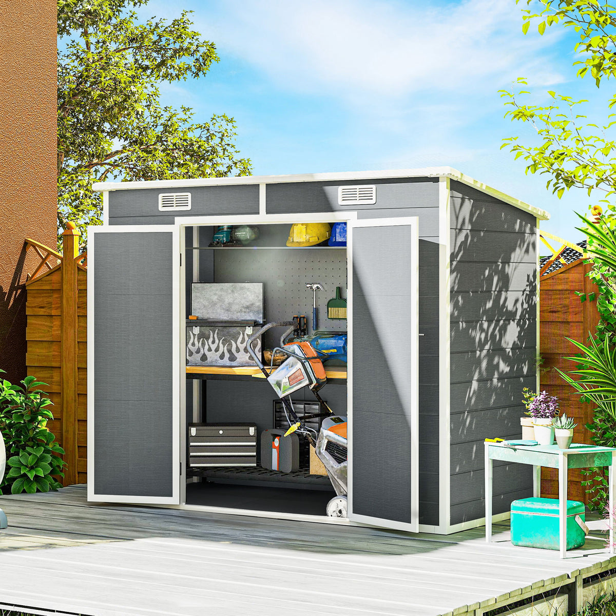 Tuinhuisje voor buiten 2,4 x 1,3 m, van kunststof met vloer, raam, afsluitbare deuren en ventilatie, grijs