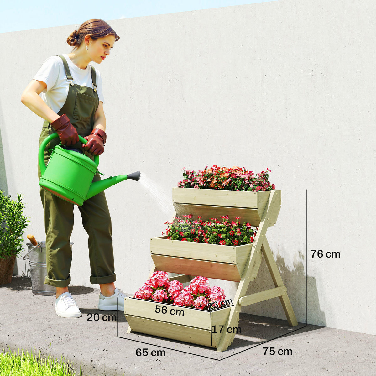 Jardinière surélevée en bois avec 3 étages, étagère en escalier pour plantes avec trous de drainage, 65x75x76cm, vert