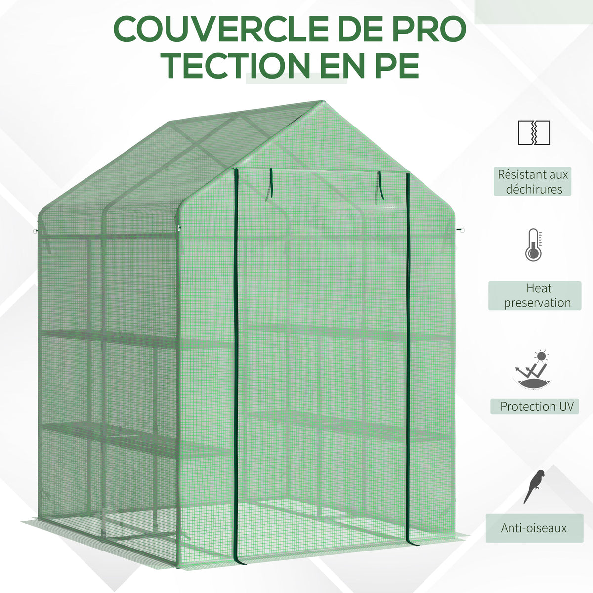 Serre de Jardin avec Étagères 3 Niveaux, Petite Serre de Balcon en Bâche PE 140 g/㎡ Renforcée 143 x 138 x 190 cm, Vert