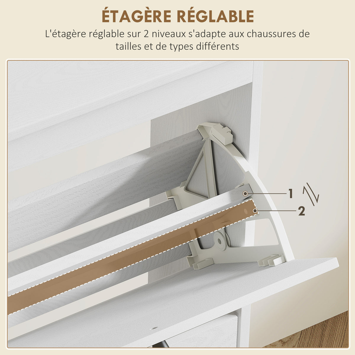 Meuble à chaussures 4 abattants 20 paires étagère réglable style bohème pieds en bois massif 105 x 24 x 97,5 cm blanc