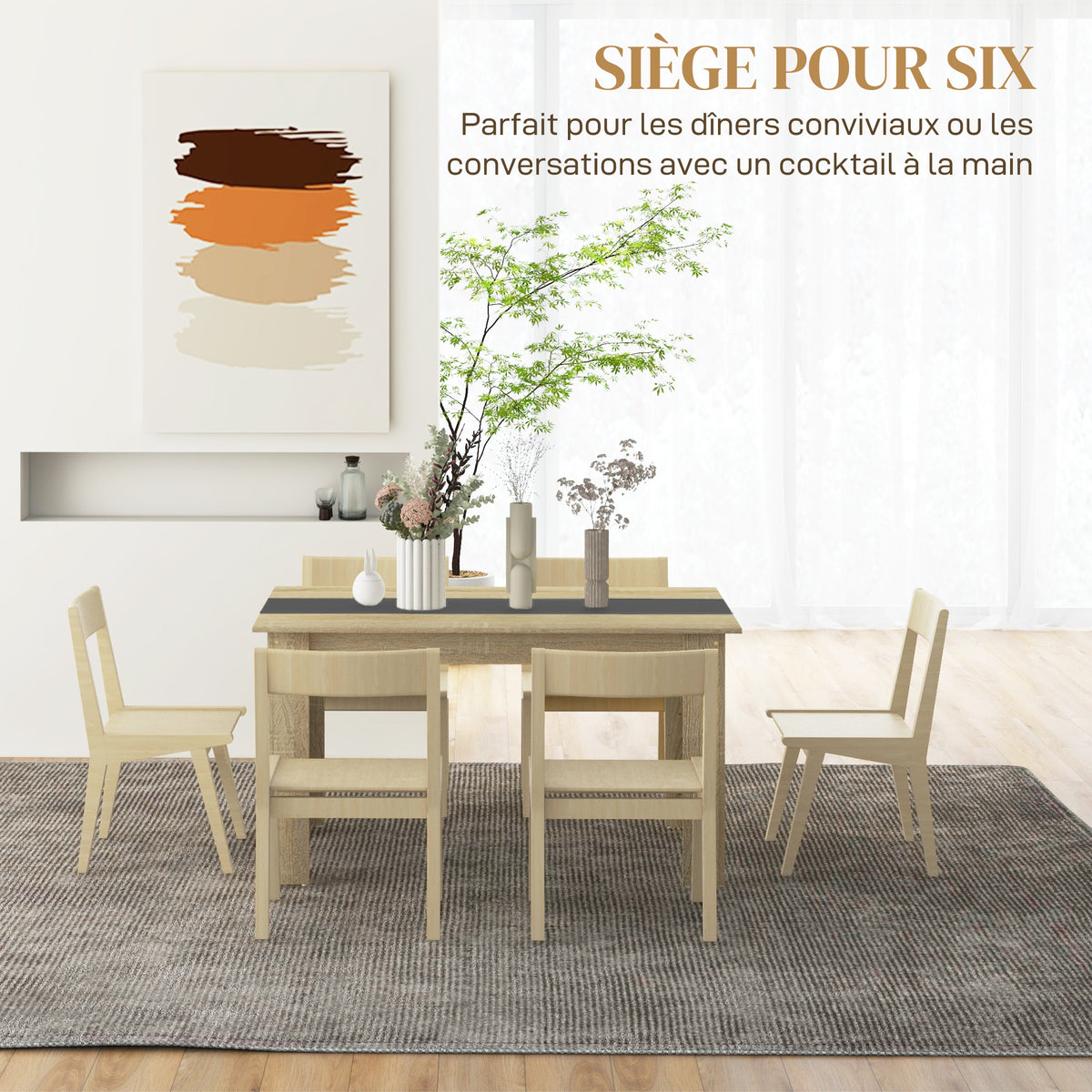 Table de salle à manger pour 6 personnes en bois aspect naturel et noir, dim. 140L x 90l x 75H cm