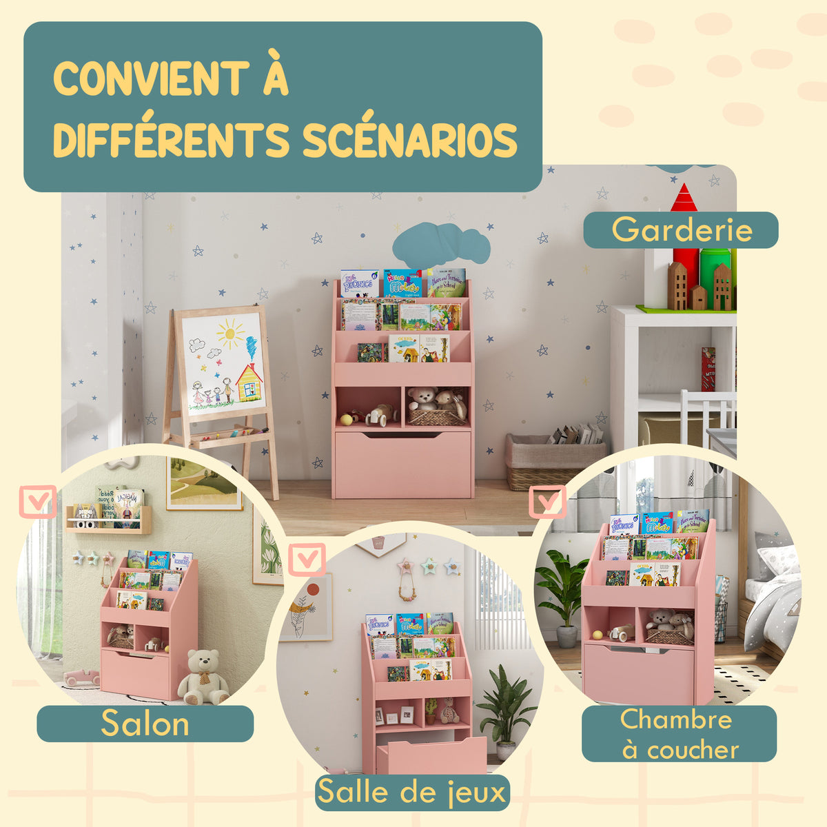 Bibliothèque étagère Multi-Rangement 3 étagères 2 niches Grand tiroir en bois Rose