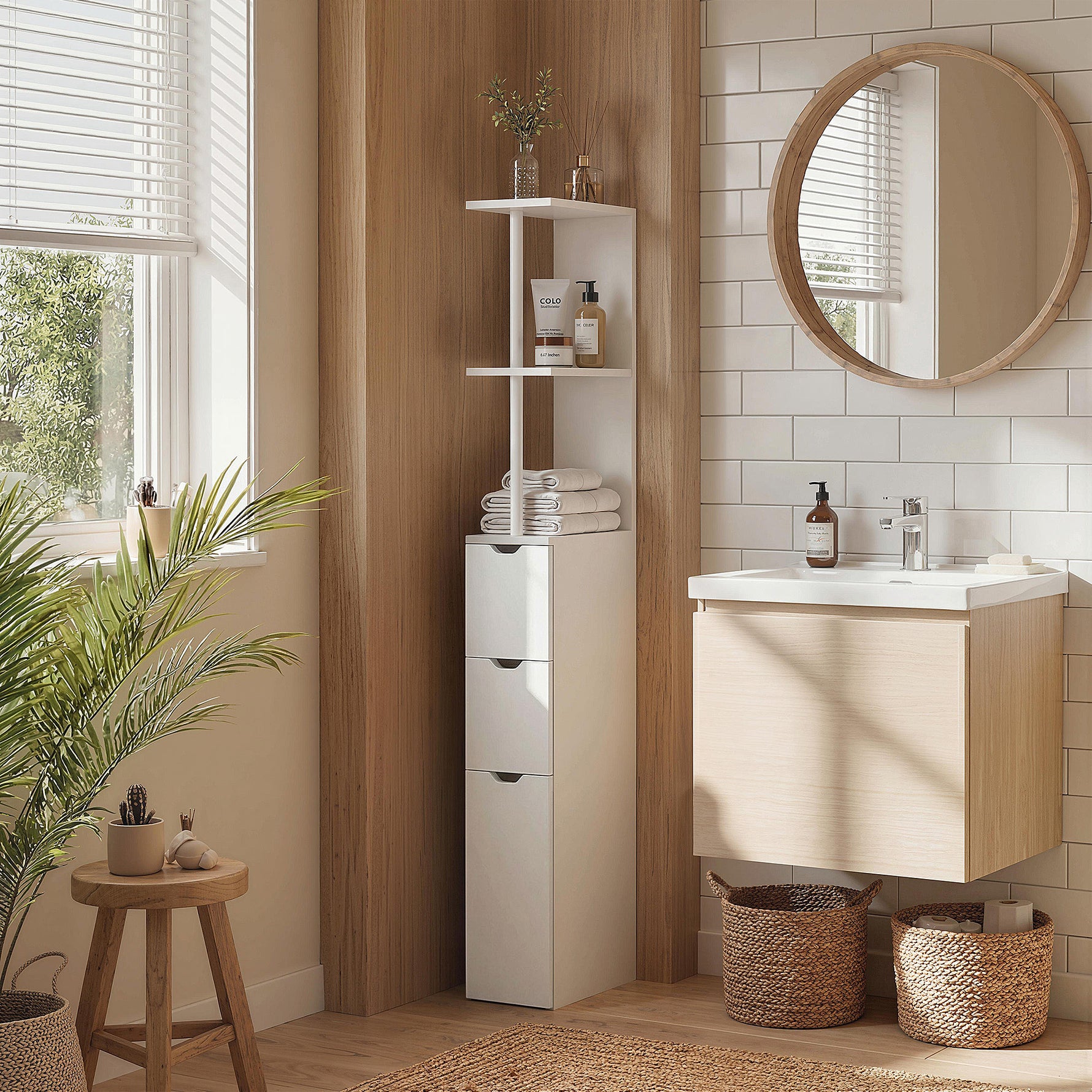 Meuble colonne salle de bain armoire de salle de bain avec tiroirs étagères ouvertes placard 15 x 33 x 136,8 cm blanc