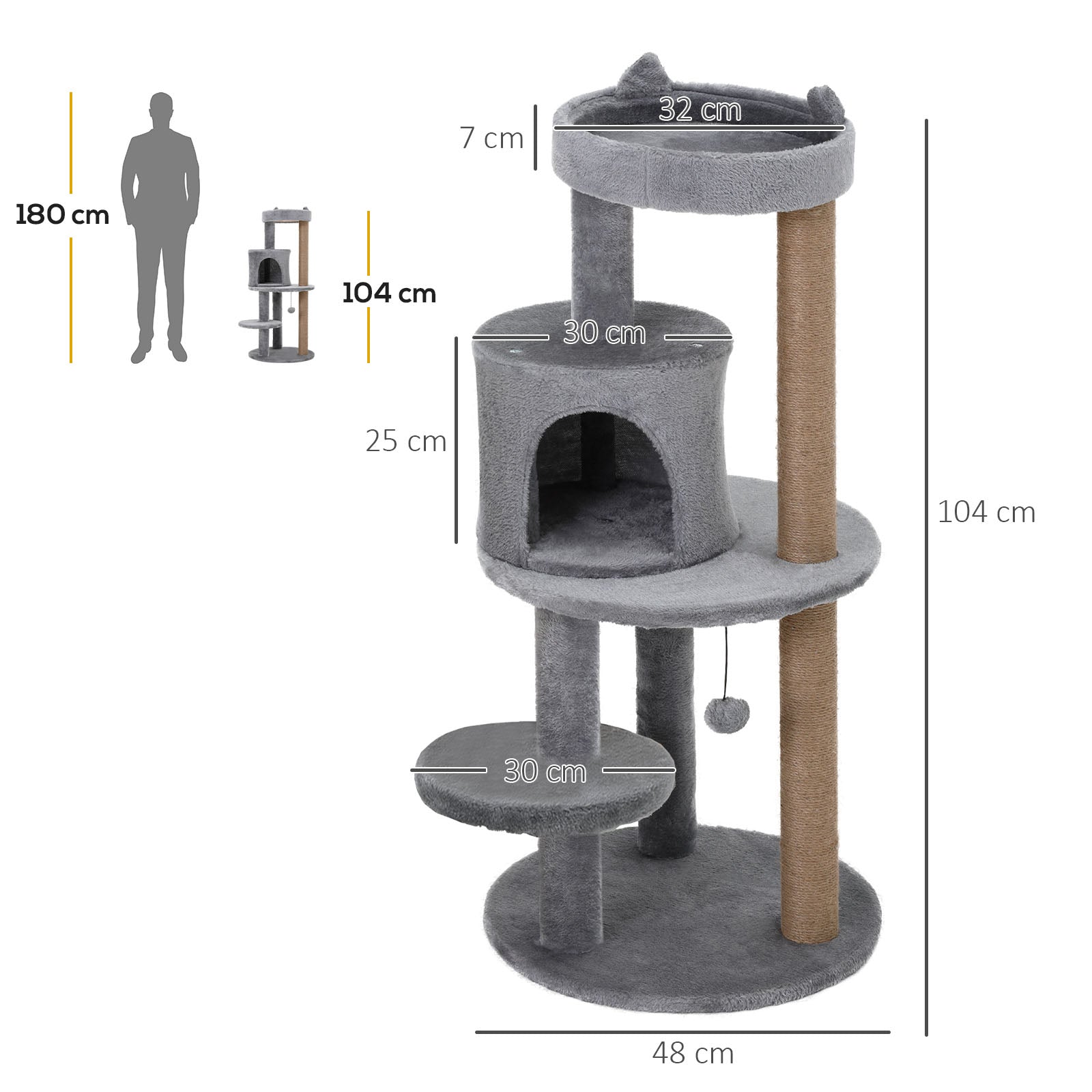 Arbre à chats multi-équipements griffoirs grattoirs plateformes niche jeu boule suspendue Ø 48 x 104H cm gris