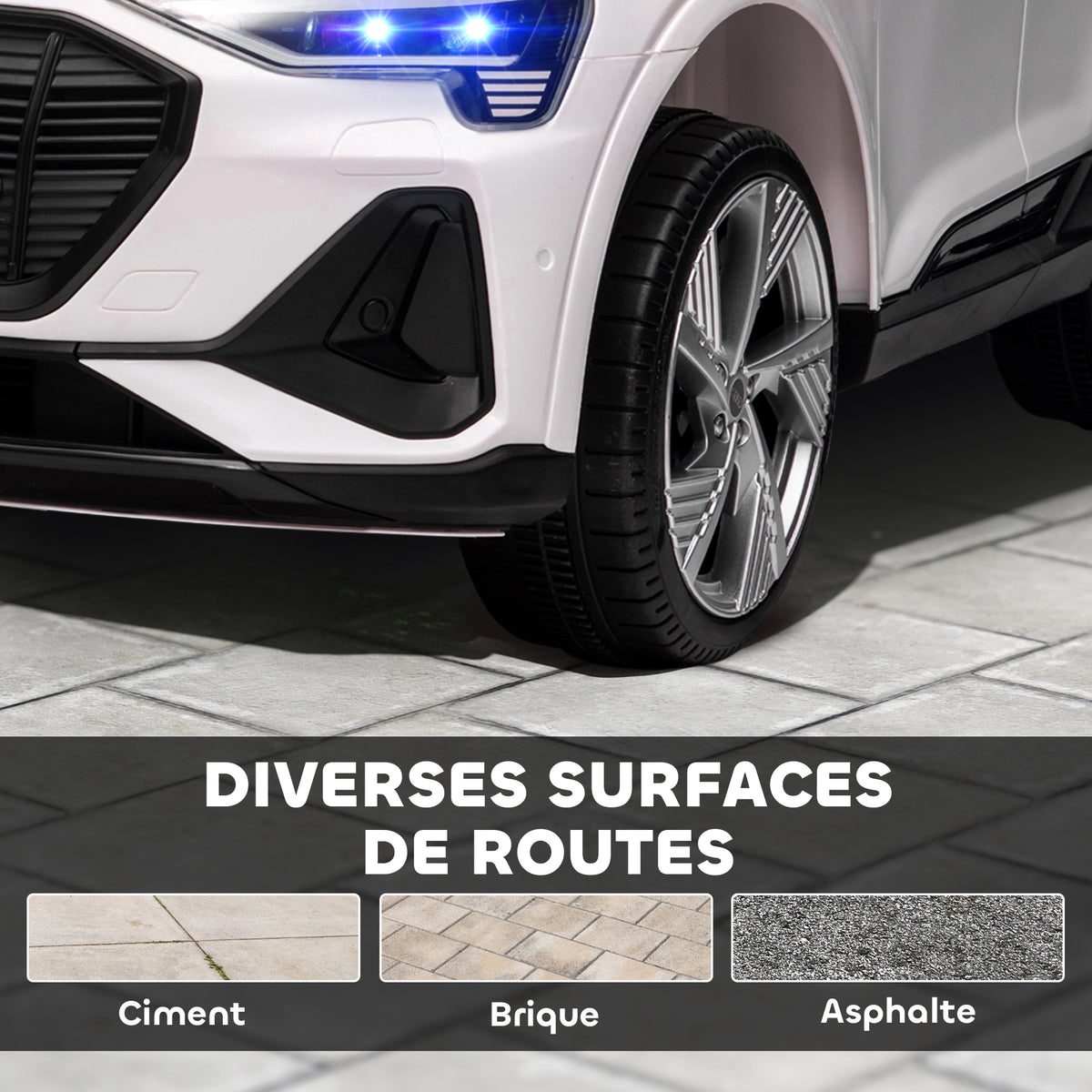 Voiture électrique enfants sous Licence Audi e-tron Sportback, véhicule électrique 12V Max. 5 Km/h avec télécommande 2,4G, phares LED, musique, klaxon, port USB, MP3, blanc