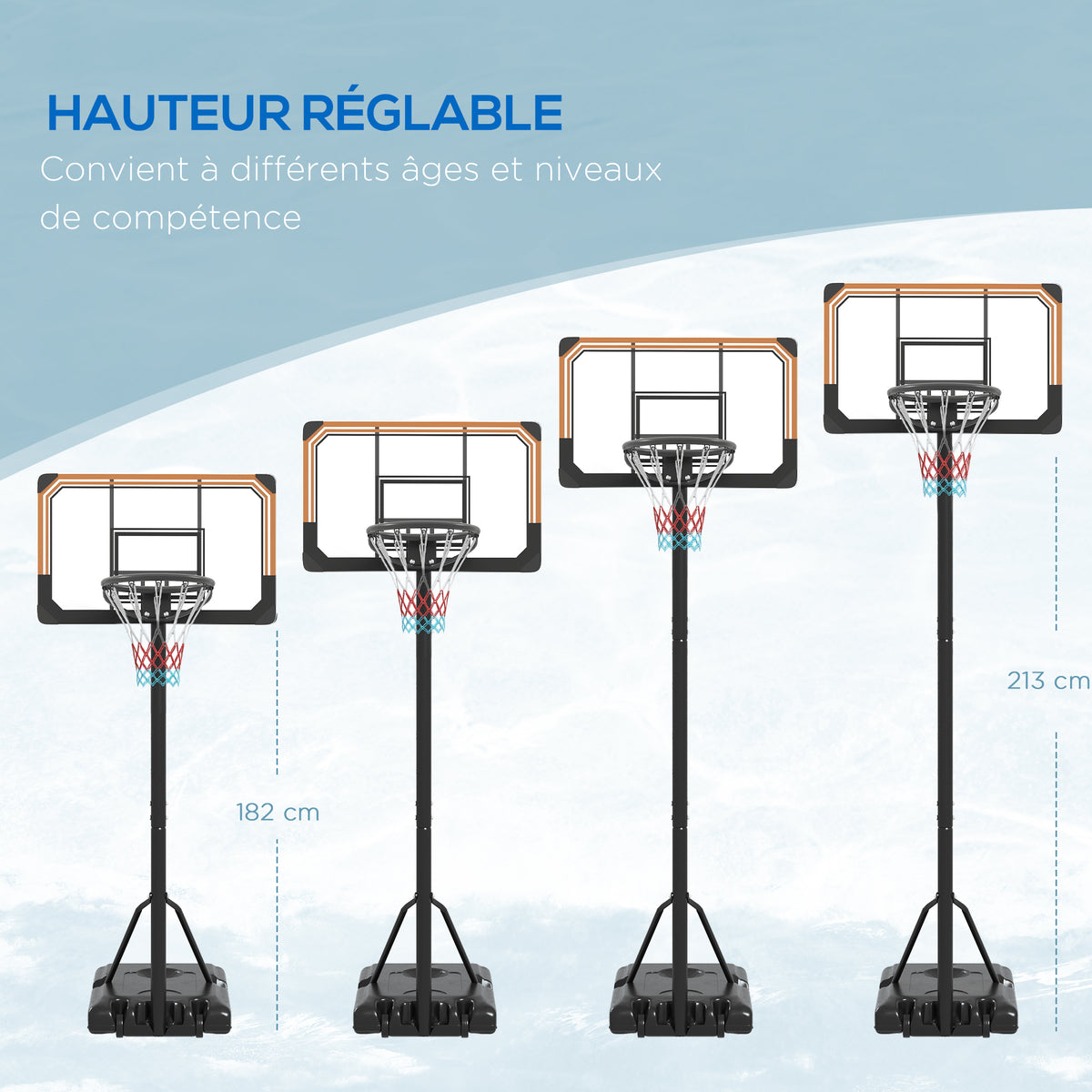 Panier de basket sur pied hauteur réglable 213 - 243 cm avec base de lestage roulettes panneau arrière robuste noir