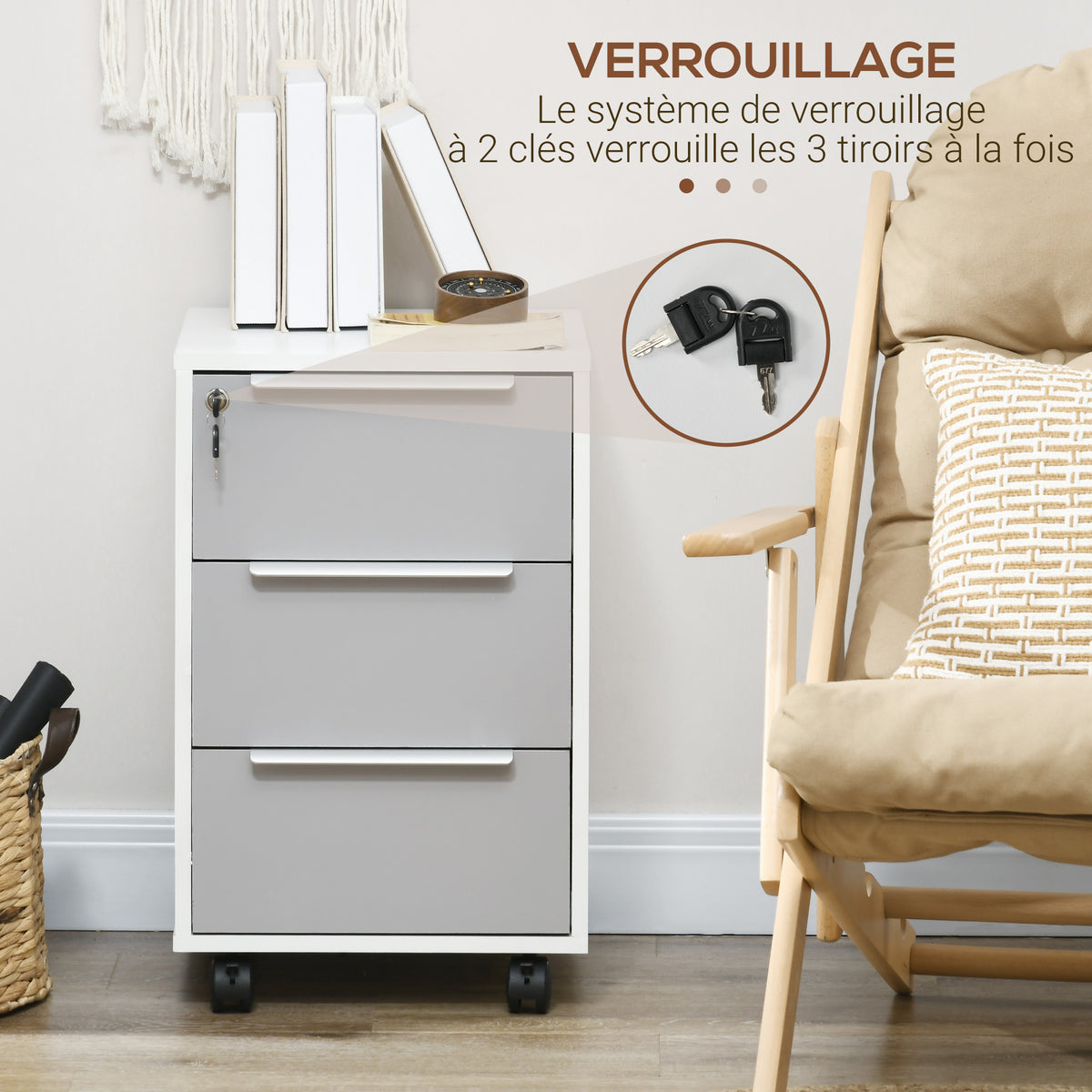 Caisson de bureau à roulettes avec 3 tiroirs et serrure pour dossiers 40 x 40 x 63,5 cm blanc et gris