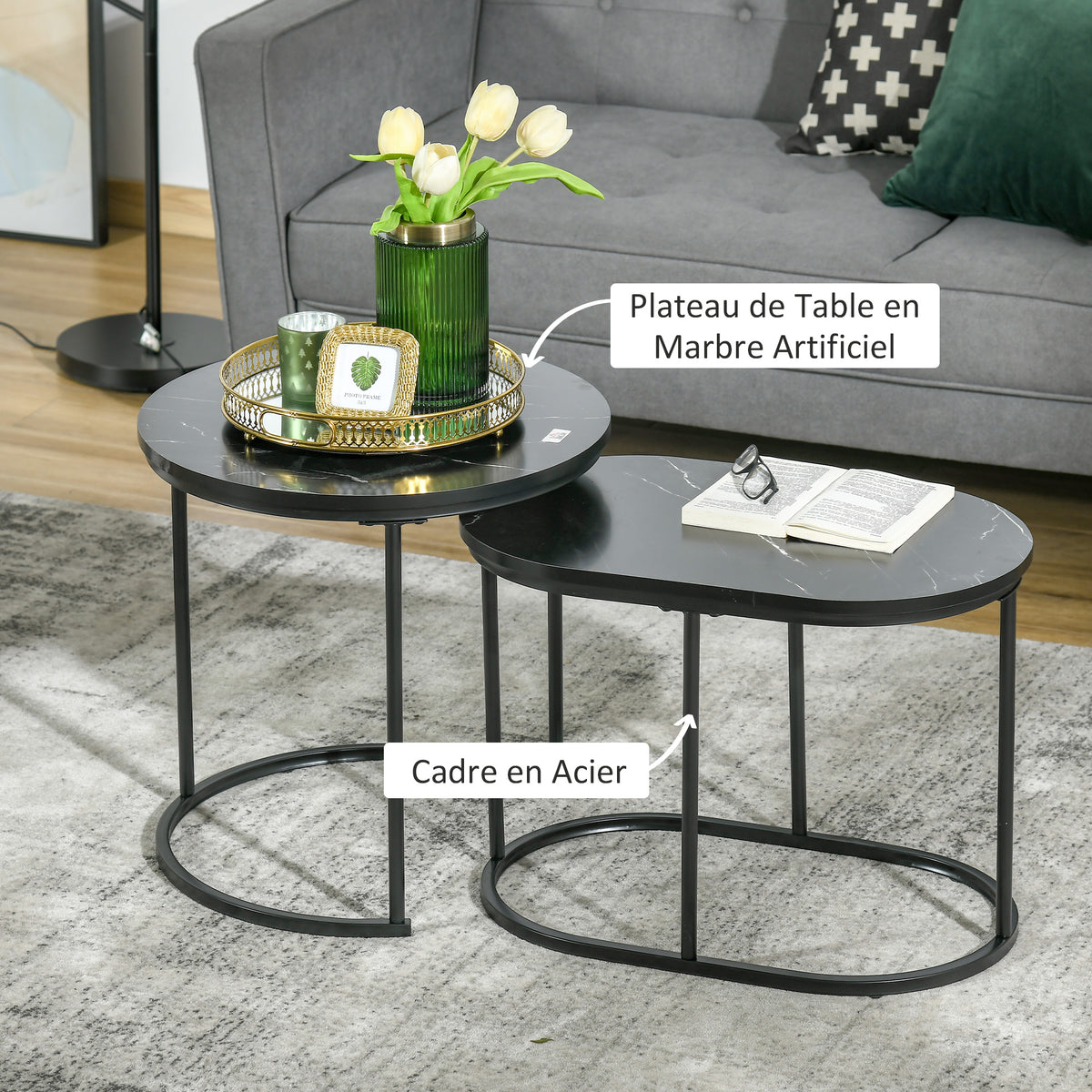 Lot de 2 tables basses tables d'appoint gigognes en acier et plateau MDF aspect marbre - table ronde et ovale - noir