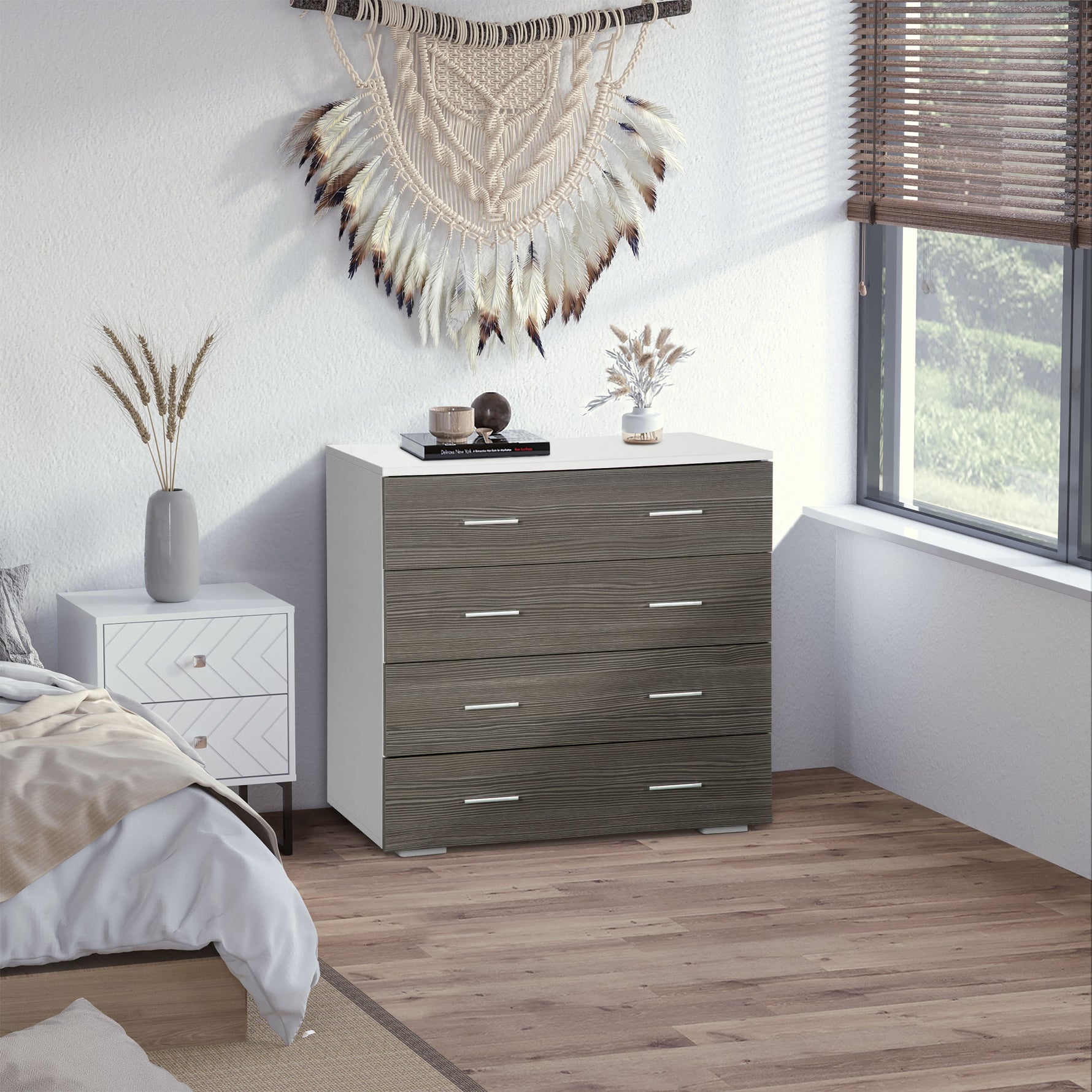 Commode meuble de rangement style contemporain 4 tiroirs 76 x 35 x 72 cm blanc et gris