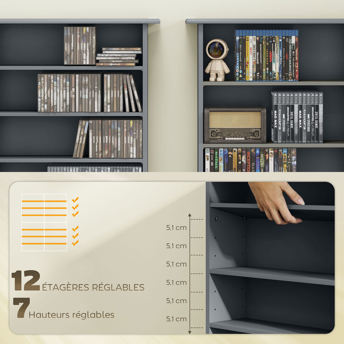 Mobile porta CD e DVD con 16 scomparti e 12 ripiani regolabili, capacità max. 720 CD/396 DVD e Blu-ray, grigio