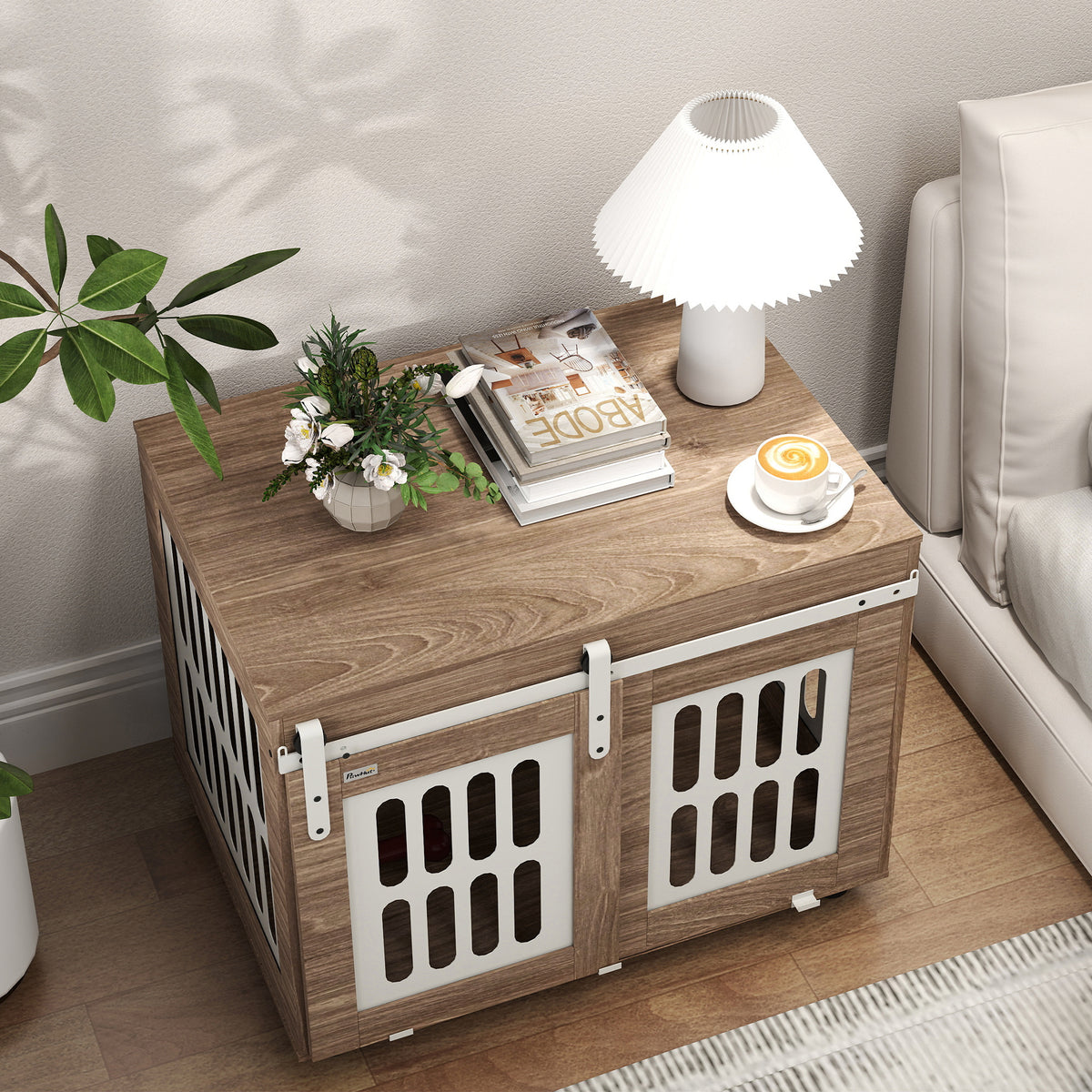 Meuble cage pour chien avec porte coulissante, maison pour chien de moyenne, table d'appoint, 80 x 59 x 63 cm, noyer