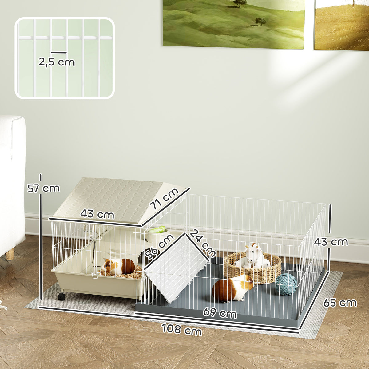 Cage cochon d'inde cage pour petits animaux avec parc amovible tapis imperméable mangeoire à foin 108 x 71 x 57 cm beige