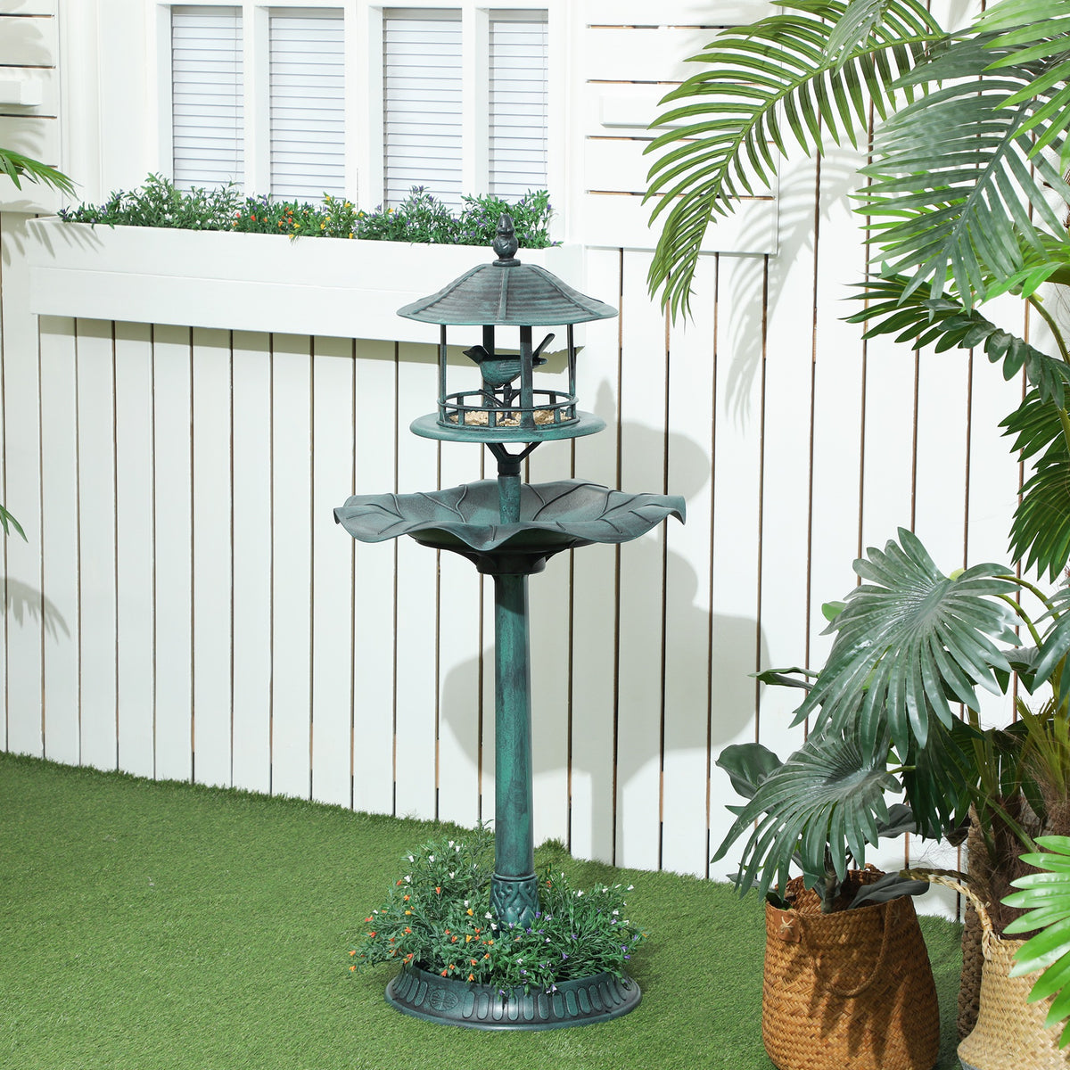 Bain d'oiseaux abreuvoir pour oiseaux jardinière 3 en 1 Ø 50 x 113 cm polypropylène vert-de-gris-1