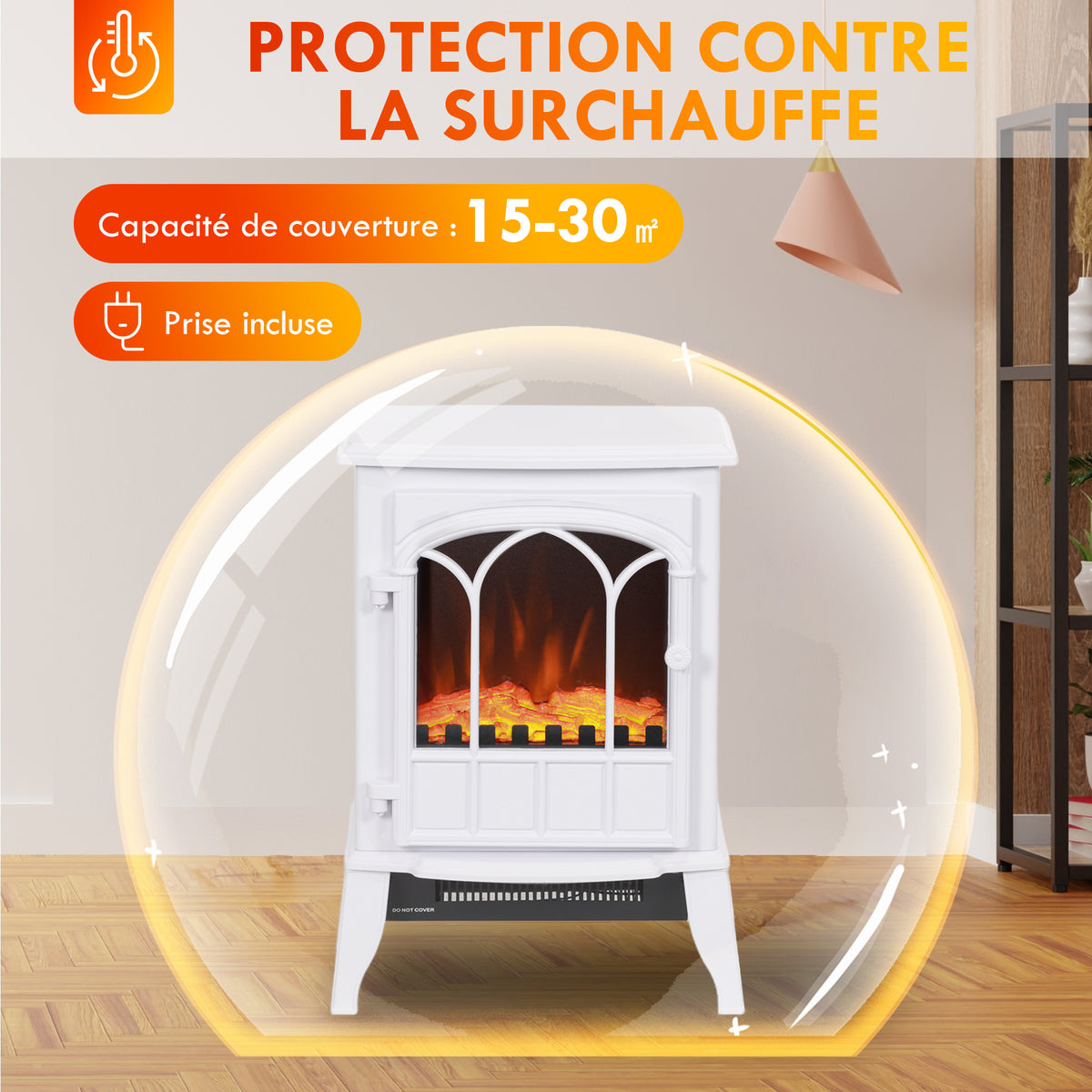 Cheminée électrique sur pied 1000/2000 W, fausse cheminée décorative avec effet flamme LED, blanc