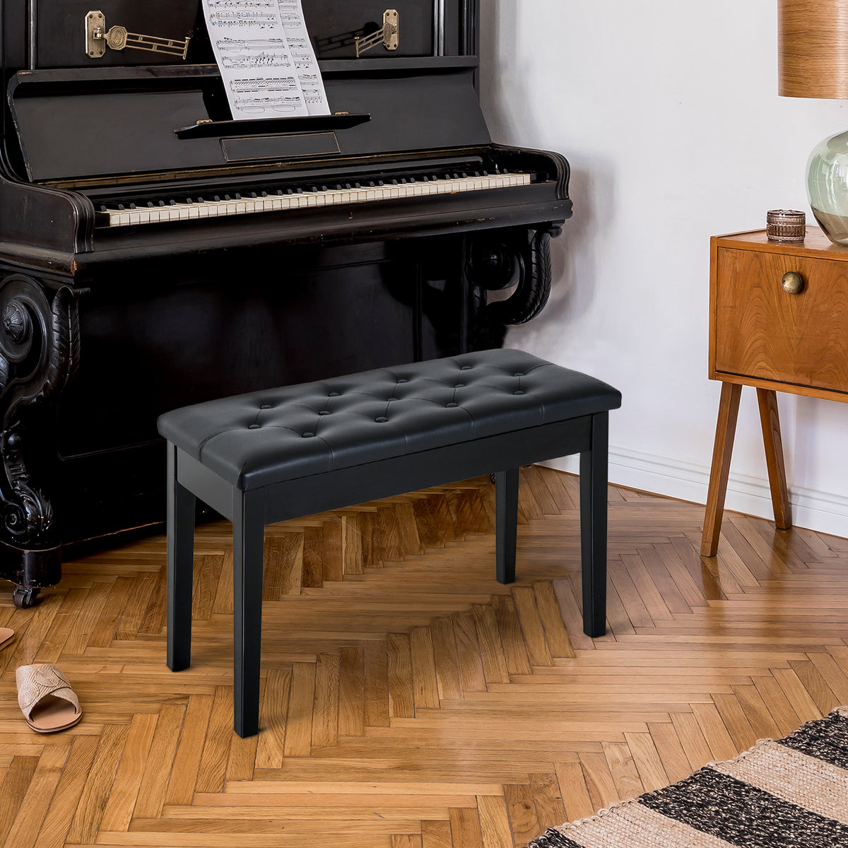 Banquette tabouret siège pour piano avec coffre de rangement pied bois caoutchouc assise capitonnée noir