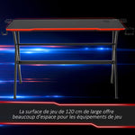 Bureau gaming racing bureau gamer bureau informatique bracket supports casque enceintes porte-gobelet métal plateau MDF texture carbone rouge noir