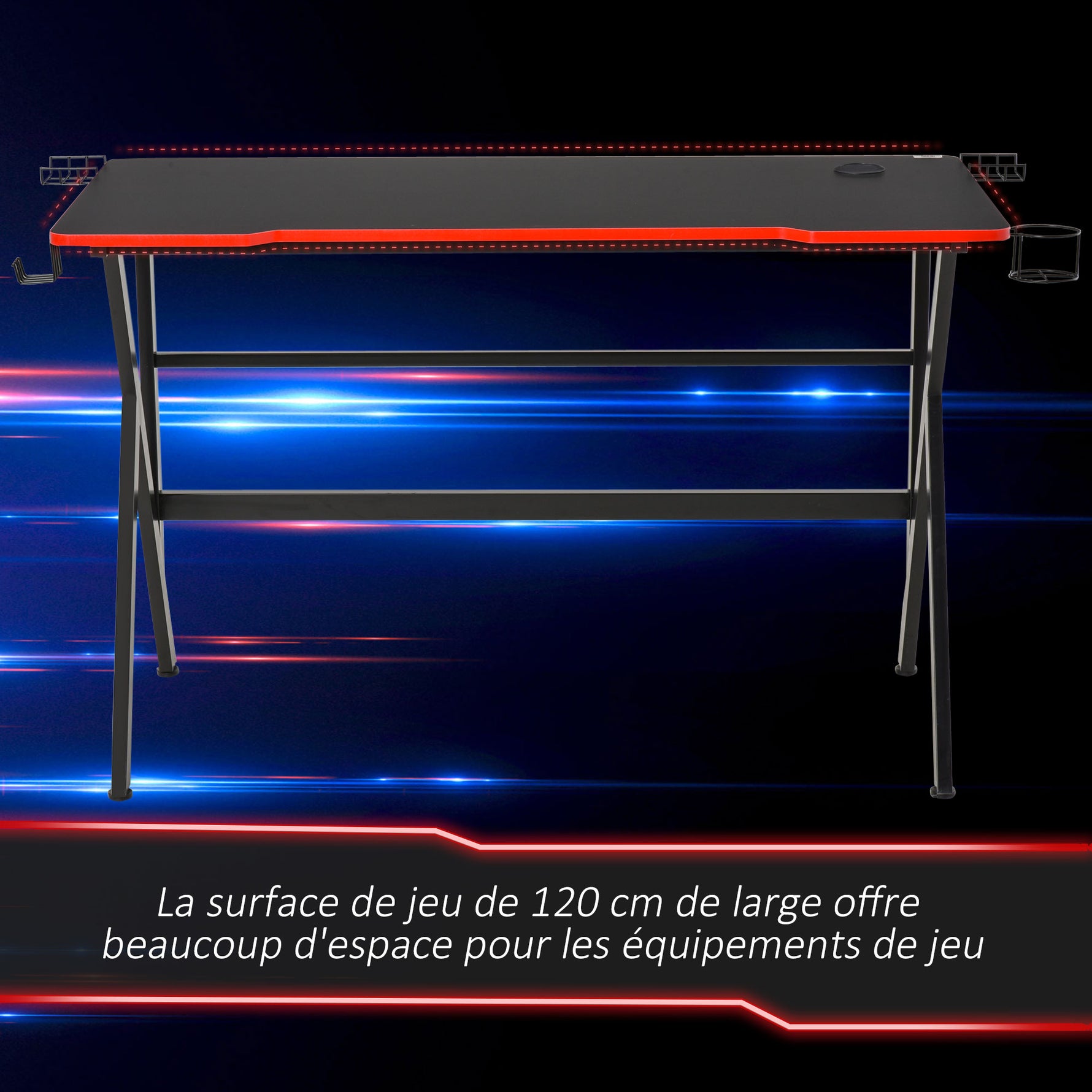 Bureau gaming racing bureau gamer bureau informatique bracket supports casque enceintes porte-gobelet métal plateau MDF texture carbone rouge noir