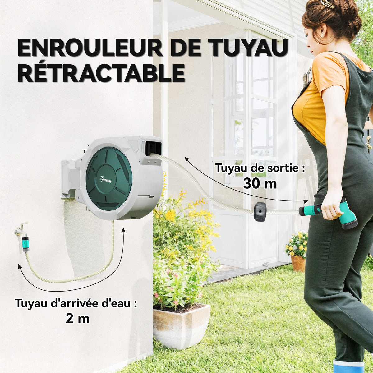 Enrouleur Tuyau Arrosage Mural 30 m x Ø 15 mm Dévidoir Automatique de Tuyaux d'Eau Rétractable Automatique gris