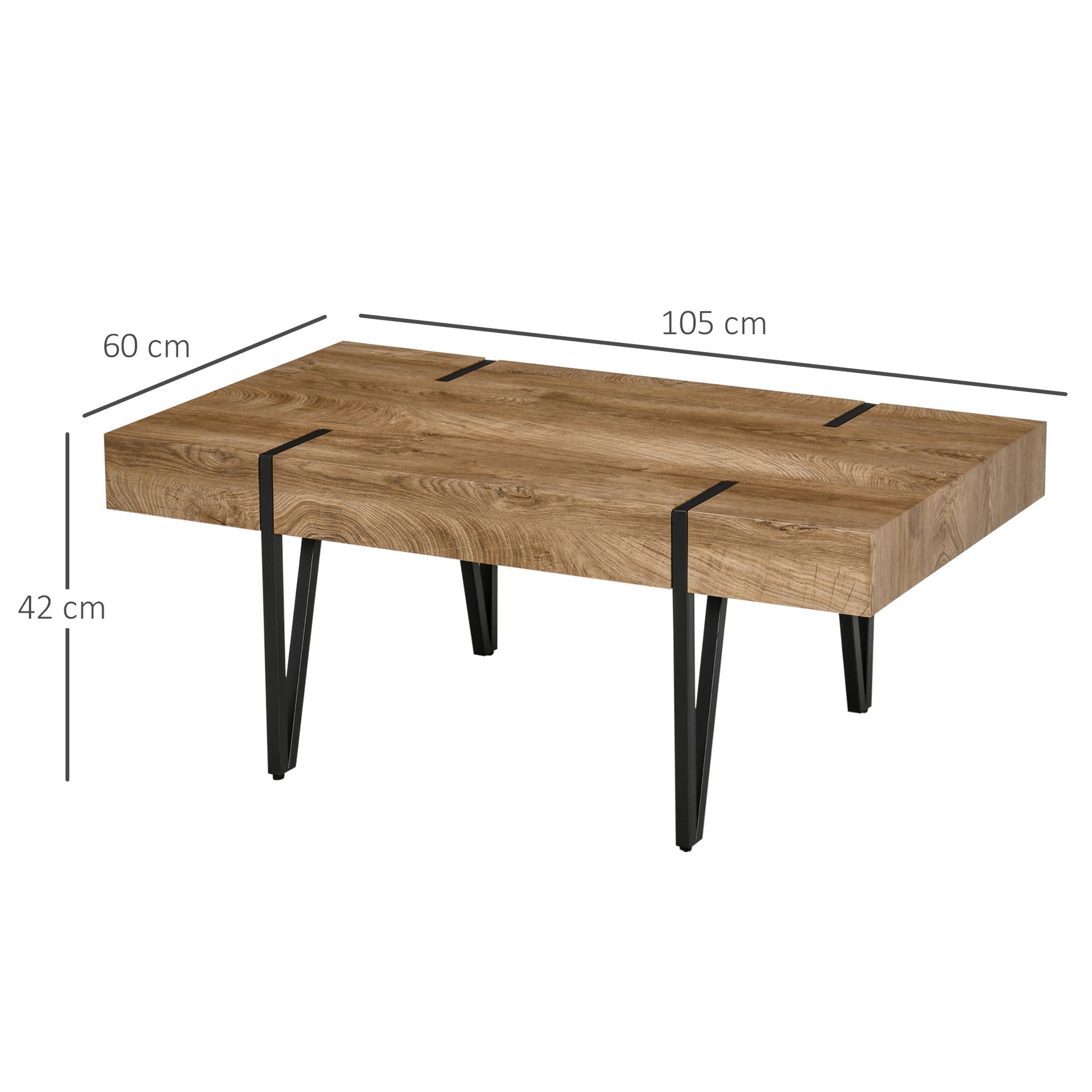 Table Basse rectangulaire Style Industriel piètement épingle métal Noir Plateau Aspect Ancien bastaing, 105 x 60 x 42 cm, Bois