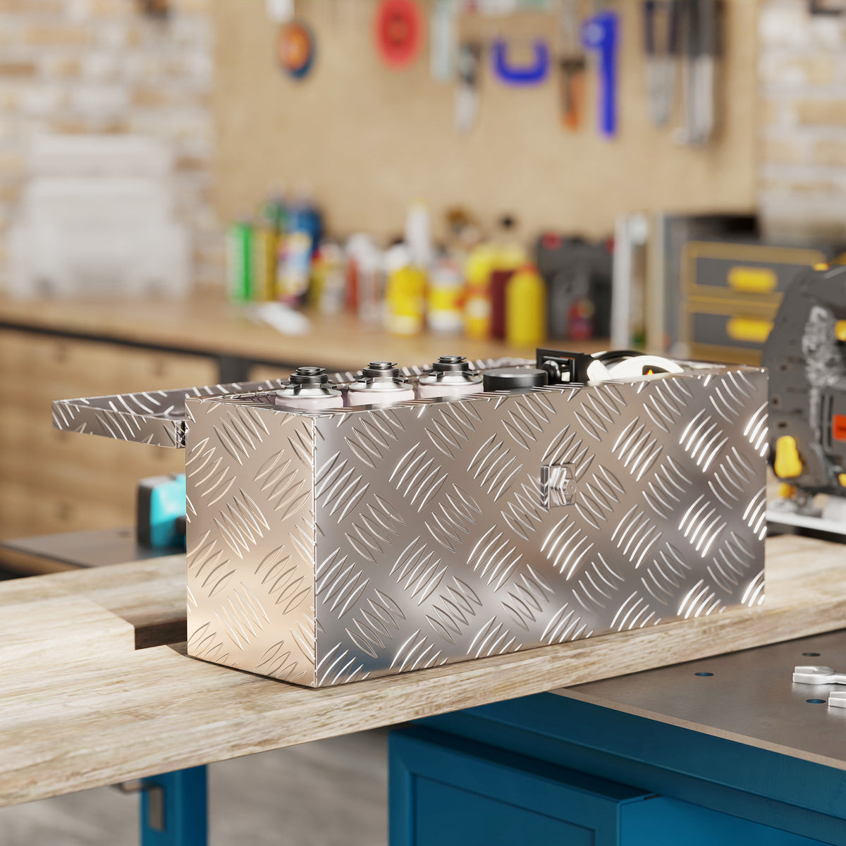 Caja de almacenamiento - caja de herramientas de aluminio - baúl de herramientas de aluminio. cierre con llave dim. 50L x 15,5an x 20,5al cm - plateado
