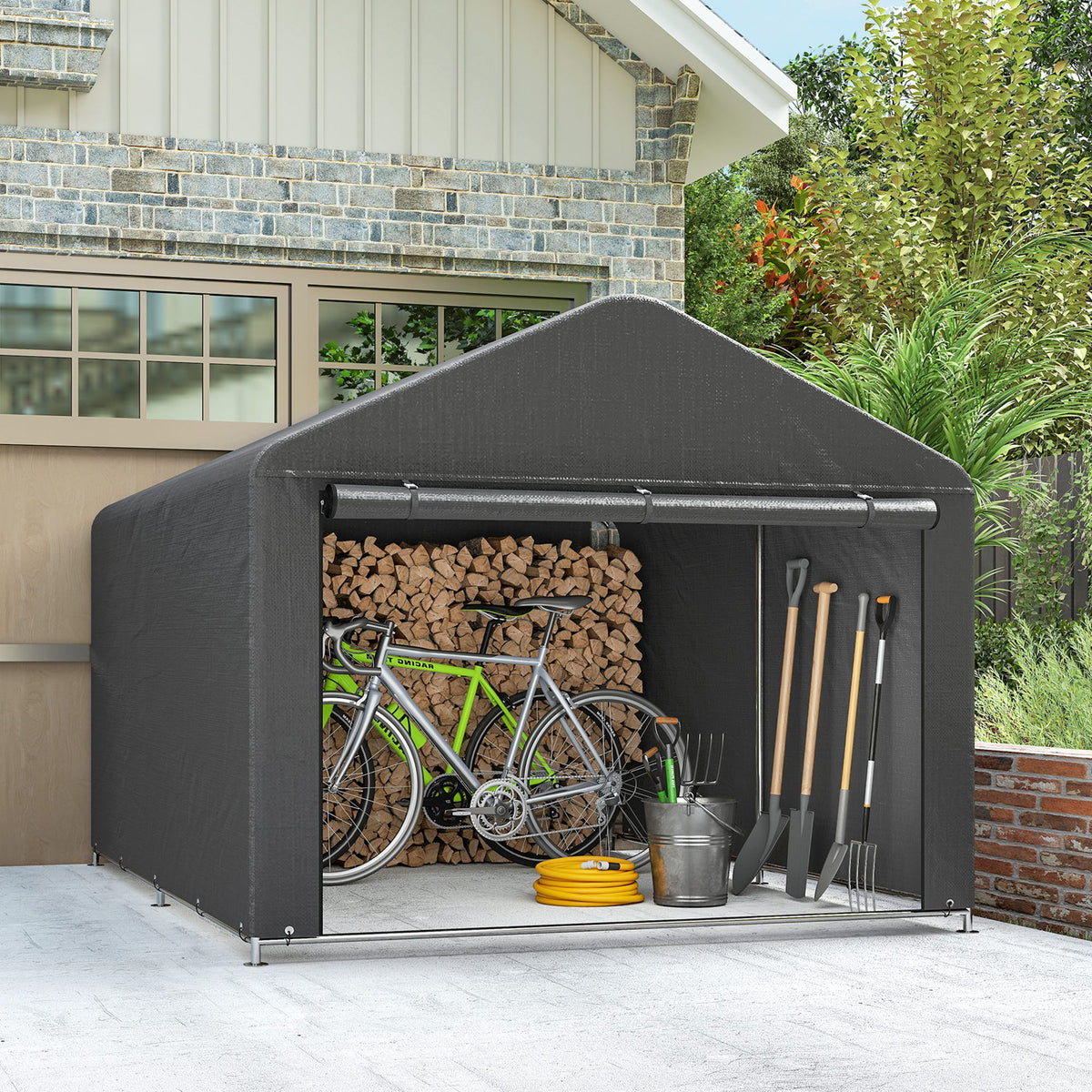 Abri de jardin tente de stockage imperméable abri moto porte enroulable fermeture éclair, 200 x 238 x 183 cm, gris foncé