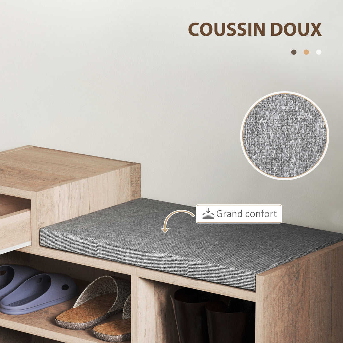 Banc à chaussures 1 tiroir et 3 compartiments, avec coussin rembourrée capacité 5 paires, 76,5 x 30 x 52 cm gris