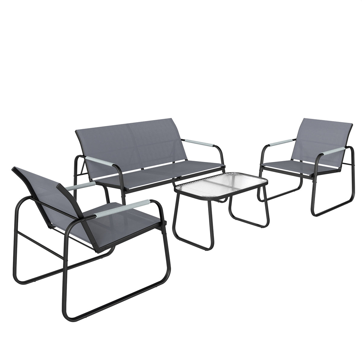 Salon de Jardin Ensemble de Terrasse en Acier et Textilène 4 Pièces avec Accoudoirs Corde Tressée Gris