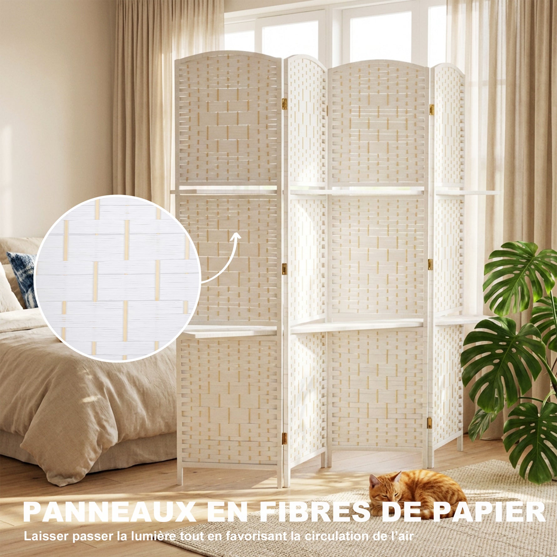 Paravent séparateur de pièce 4 panneaux 160 x170 cm avec 2 étagères, pliable, en bois