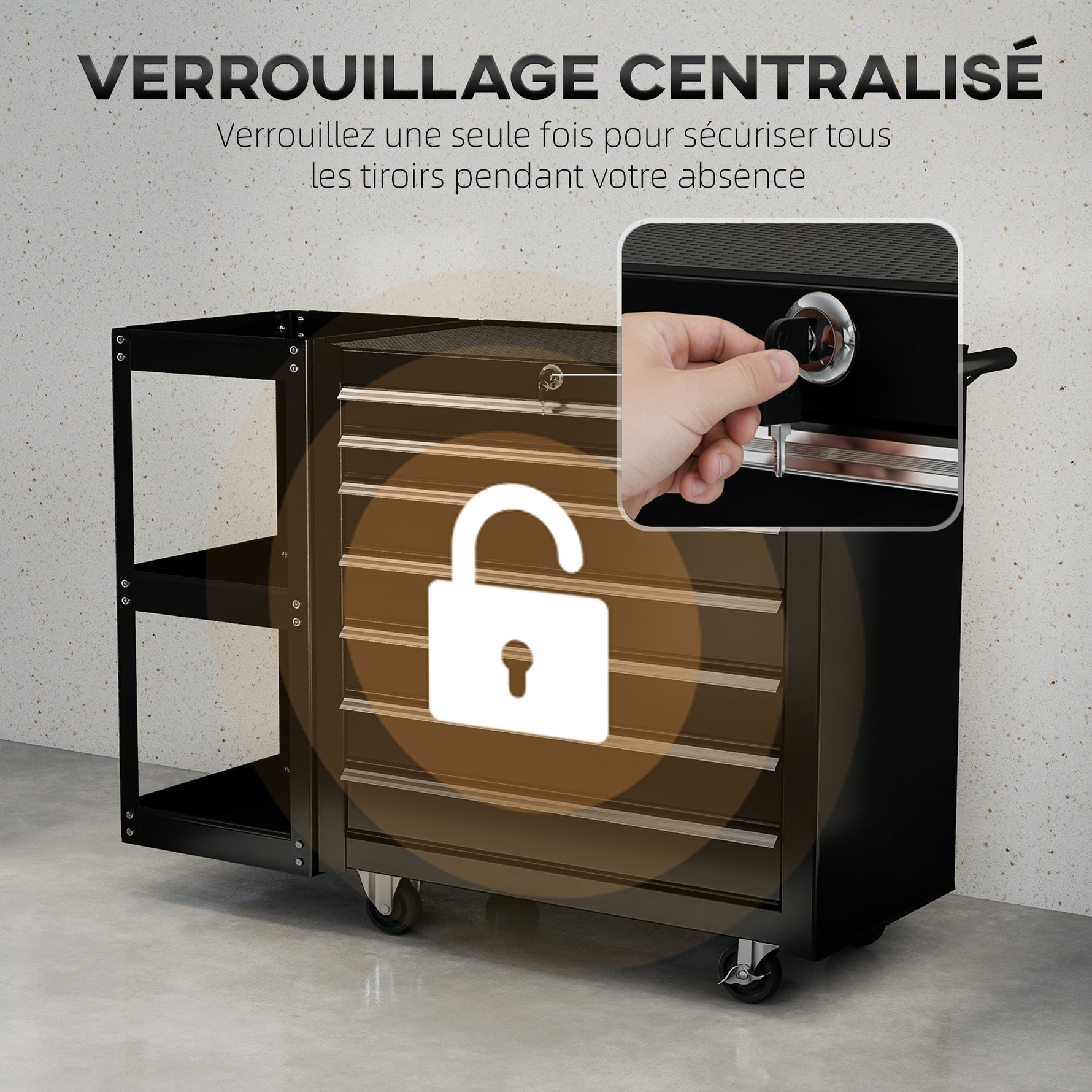 Servante d'Atelier en Acier à 7 Tiroirs, Chariot à Outils sur Roulettes avec Étagère Latérale Amovible, Noir