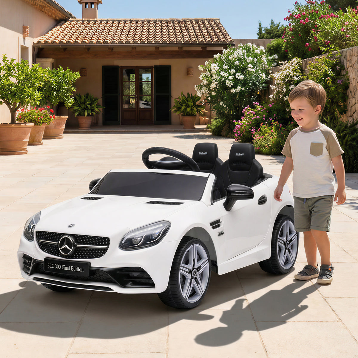Voiture électrique enfants licence Mercedes SLC 300 12V V. Max. 5 Km/h effets sonores lumineux télécommande blanc