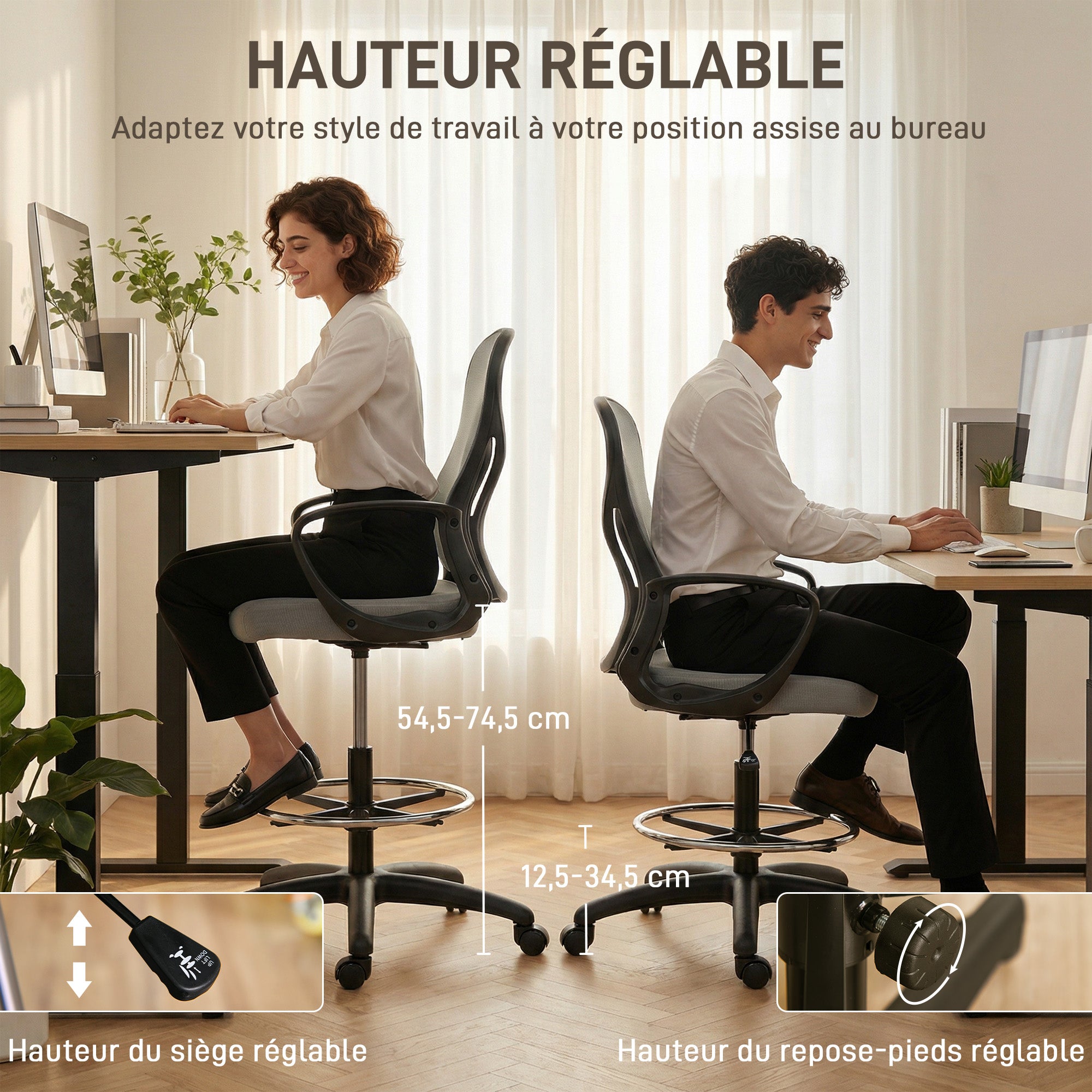 Chaise bureau ergonomique, fauteuil de bureau avec repose-pieds et accoudoirs, en maille, 59 x 65 x 123 cm, Gris