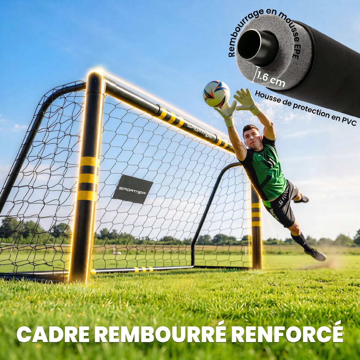 But de Football avec Mousse de Protection, 5 Piquets de Sol et Filet en PE, 180x60x120cm, Jaune