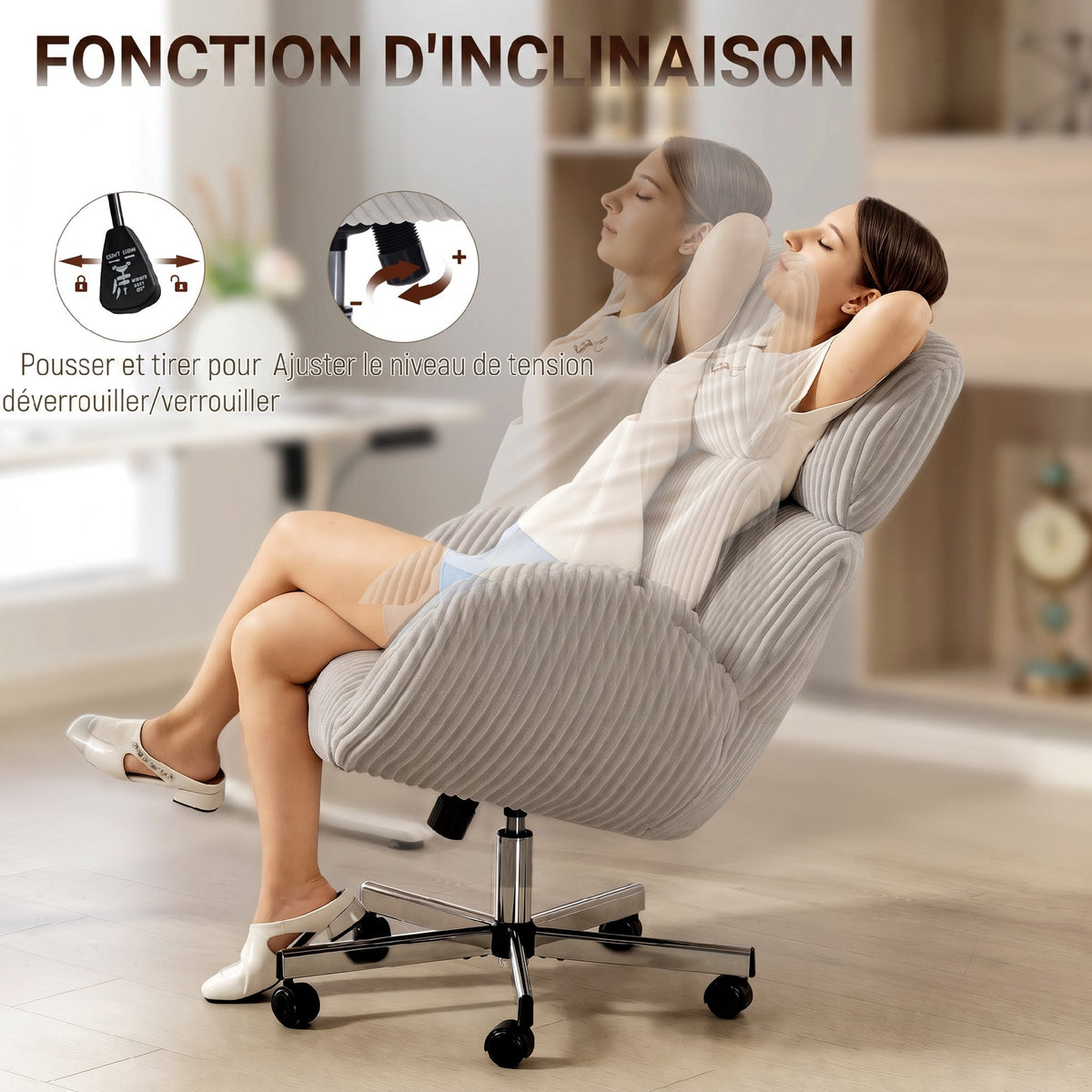 Chaise bureau ergonomique en velours, fauteuil de bureau avec dossier haut, appui-tête réglable et accoudoirs, gris