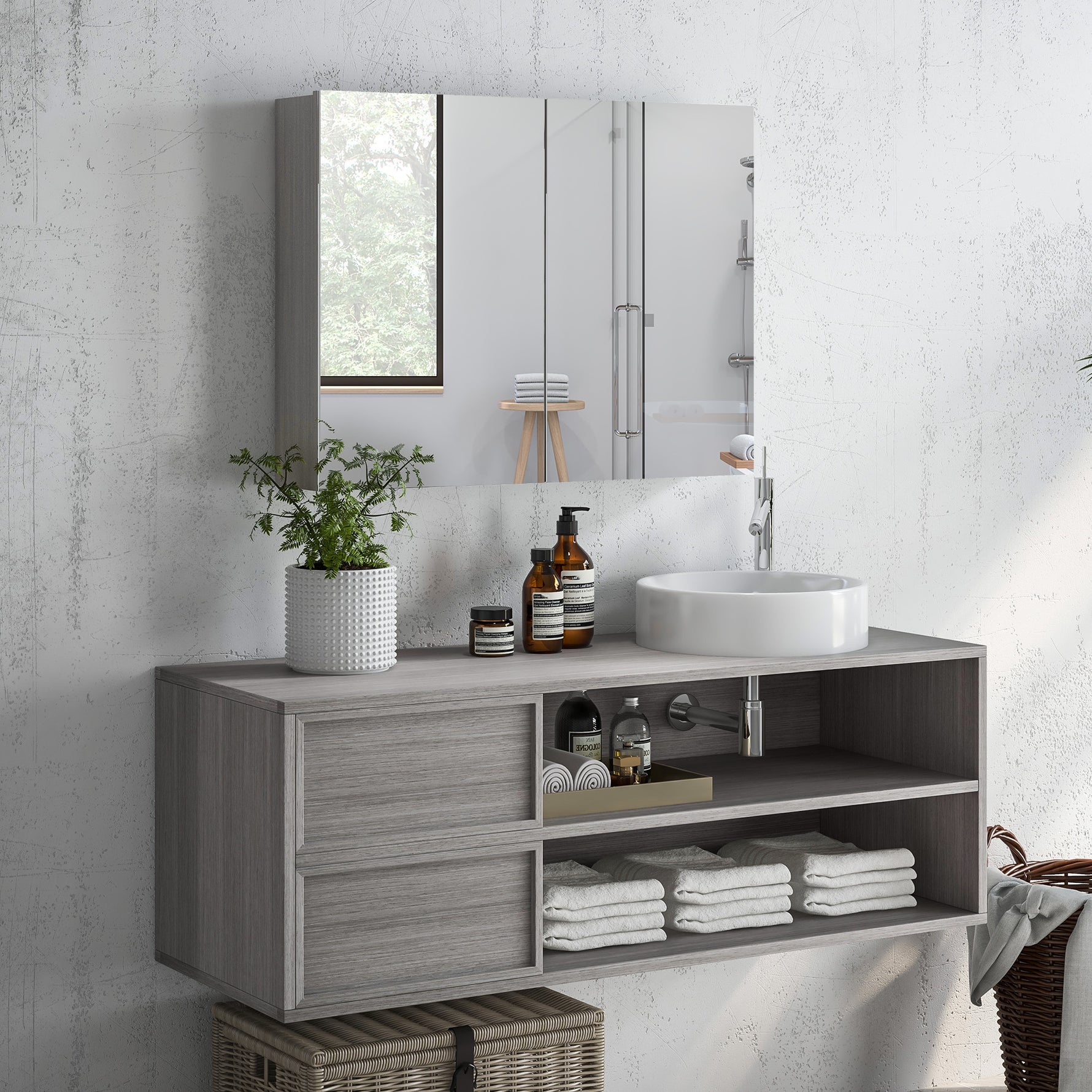 Armoire murale salle de bain avec miroir, meuble salle de bain, double portes et étagères réglables, 80x15x60cm, gris