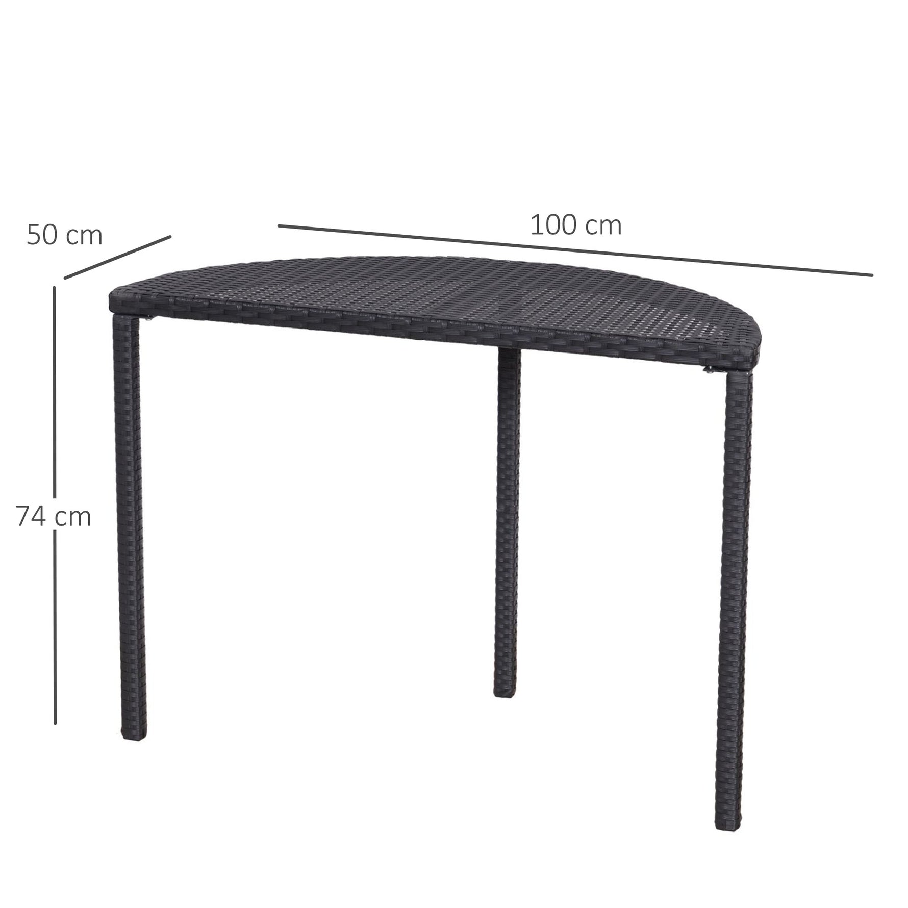 Table de jardin demi cercle - table de balcon demi lune - 100L x 50l x 74H cm résine tressée 4 fils imitation