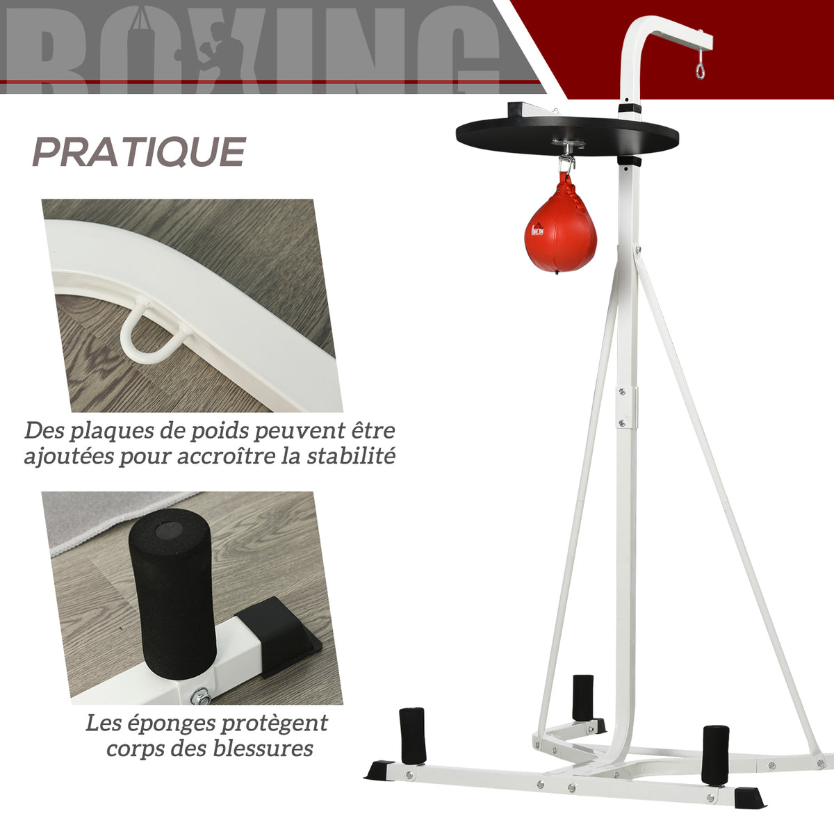 Support pour sac de frappe sur pieds autoportant 2 en 1 avec poire de vitesse 156 x 115 x 224 cm blanc