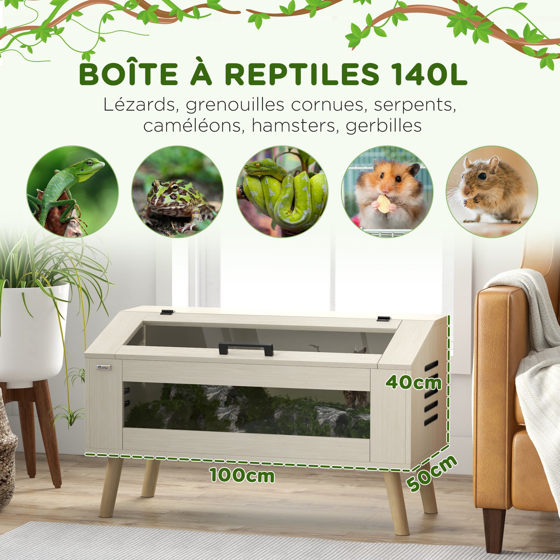 Terrarium pour reptiles, vivarium pour serpents 140L avec fenêtres en verre trempé, couvercle, 100 x 50 x 60 cm