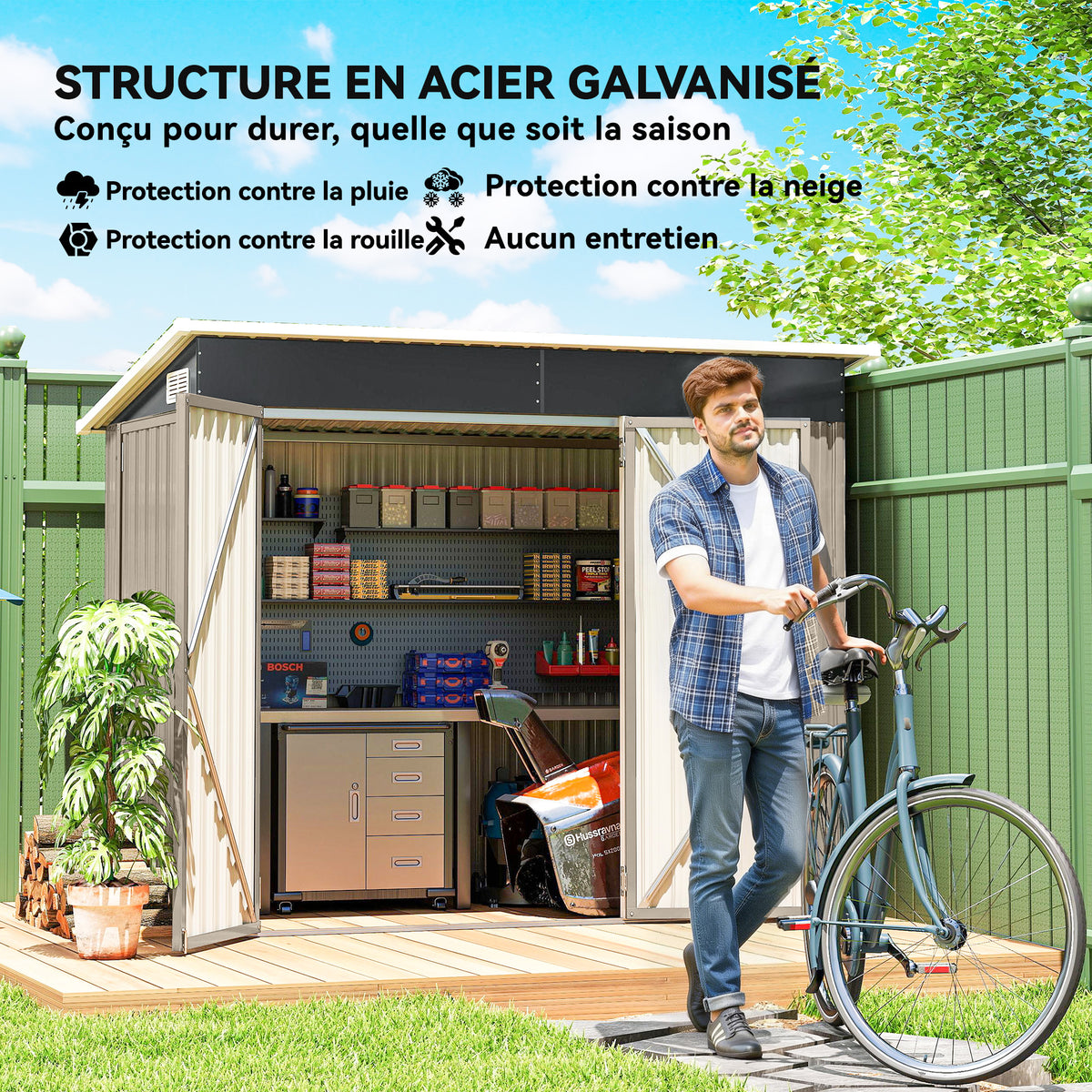 Abri de jardin en métal cabane jardin extérieure triple porte verrouillable toit incliné aérations 234x132x185cm gris