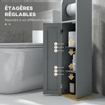 Meuble de salle de bain support papier toilette avec placard et étagères réglables 20 x 20 x 80 cm gris