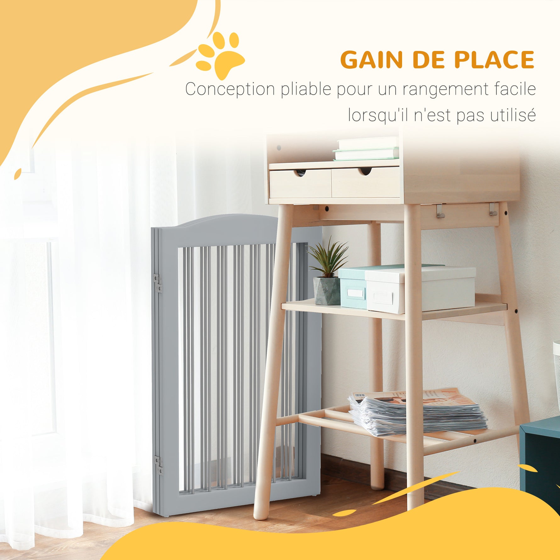 Barriere de sécurité pliable barrière chien trois plaques avec deux pieds de soutien 154 x 30 x 80 cm gris